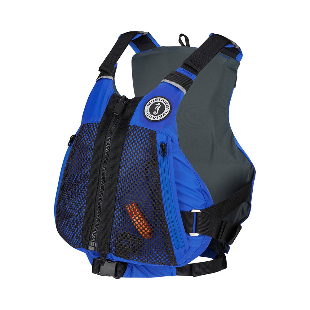 Blue Mustang Trident Foam Vest for S/M, personal flotation device by Mustang Survival, shown on a mannequin.
