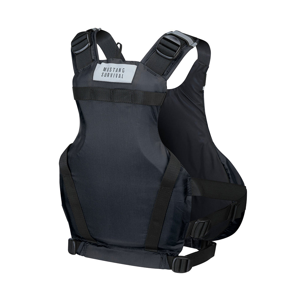 Mustang Vibe foam pull-over life vest in black, L/XL personal flotation device with adjustable straps for safety and comfort.