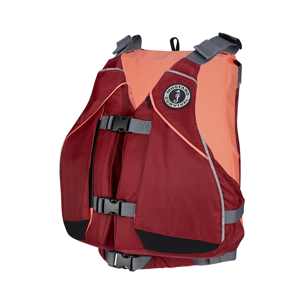 Mustang Women's Moxie Foam Life Vest in XS/S, Merlot and Coral, personal flotation device with adjustable straps.