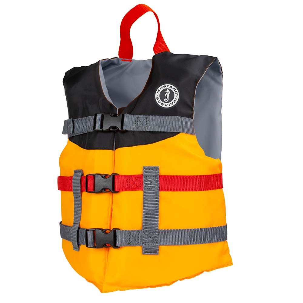 Mustang Youth Livery Foam Vest in mango and black, a personal flotation device with adjustable straps and bright safety colors.