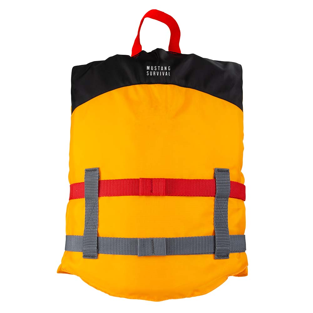Mustang Youth Livery Foam Vest in mango and black, a personal flotation device designed for youth safety and comfort.