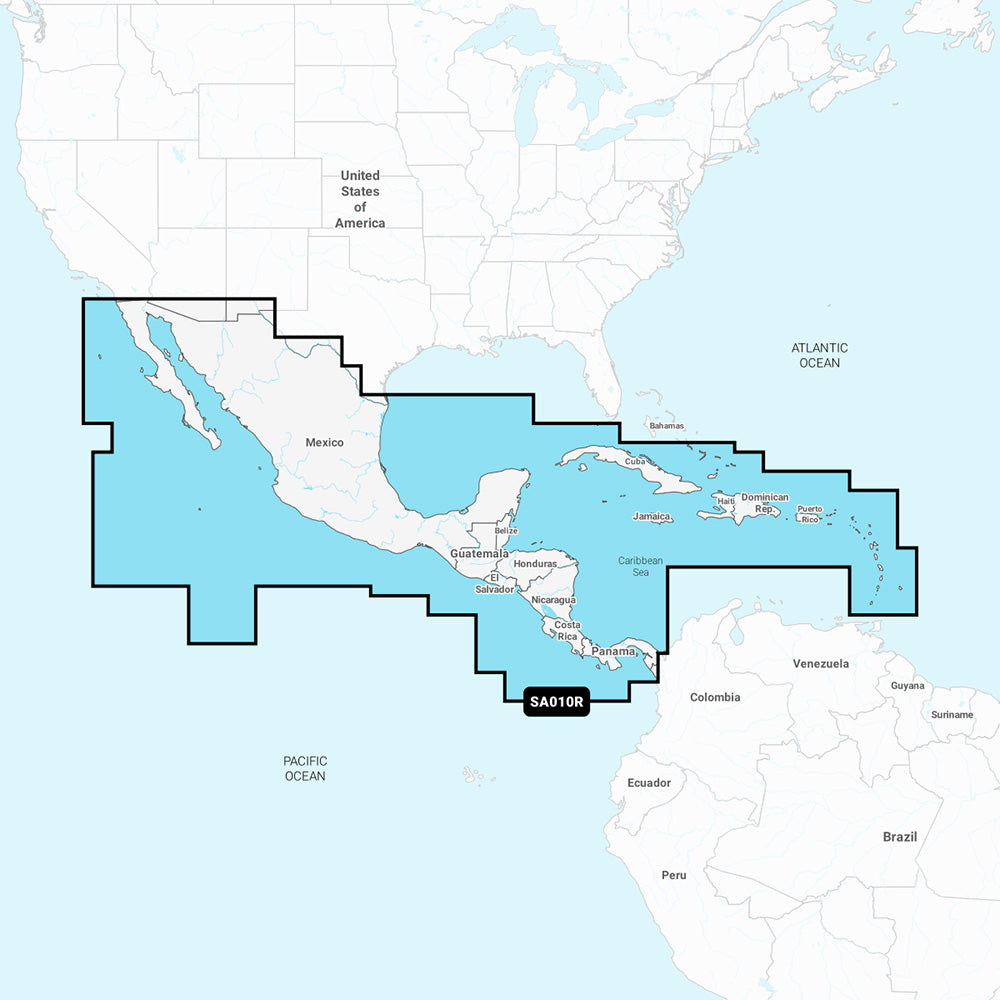 Navionics+ map of Central America and Caribbean, showing detailed nautical charts for navigation and marine navigation planning.