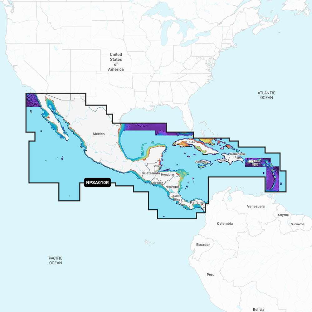 Navionics Platinum+ Central America Caribbean nautical chart display on a mobile device, showing marine navigation details.