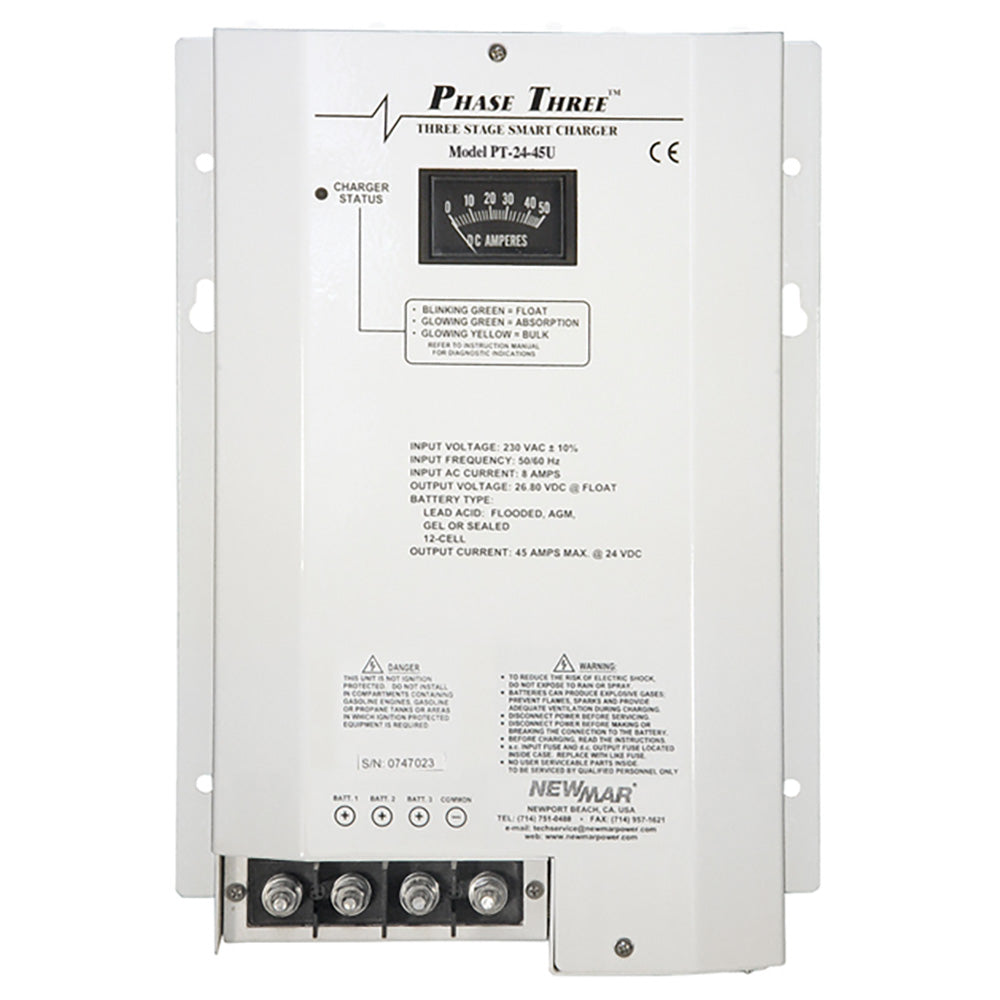 Newmar Power PT-24-45U battery charger for automotive and marine batteries with digital controls and compact design.