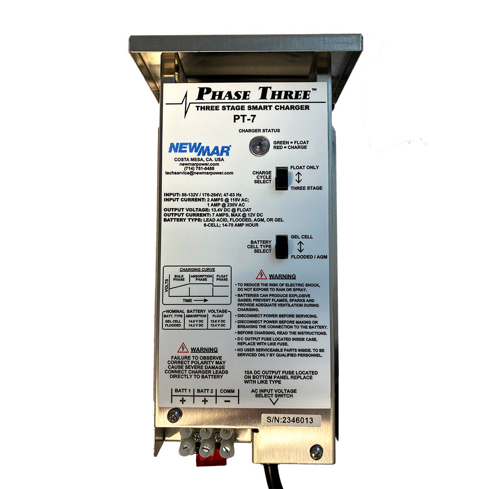 Newmar Power PT-7 Battery Charger showing digital display and connection ports for vehicle batteries.