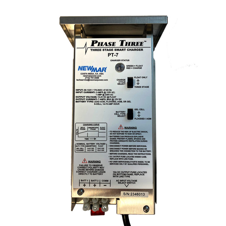 Newmar Power PT-7 Battery Charger showing digital display and connection ports for vehicle batteries.
