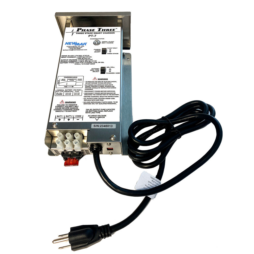 Newmar Power PT-7 Battery Charger for vehicle batteries, showing the compact black charger with connection ports.