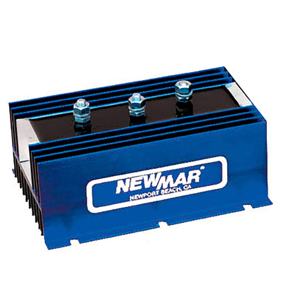 Newmar Power 1-3-165 battery isolator showing metal terminals and compact design for automotive electrical systems.