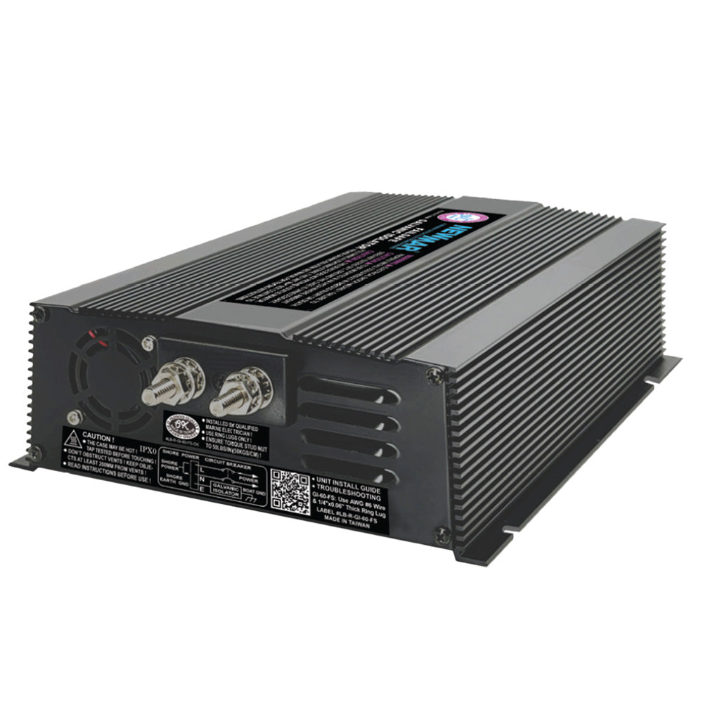 Newmar Power GI-60-FS Galvanic Isolator 60A fail-safe battery isolator showing compact unit with connectors and safety features.