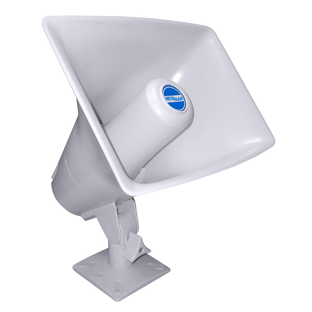 Newmar Power PA60/40 deck horn hailer horn mounted on boat deck, black marine horn for signaling and alerting.