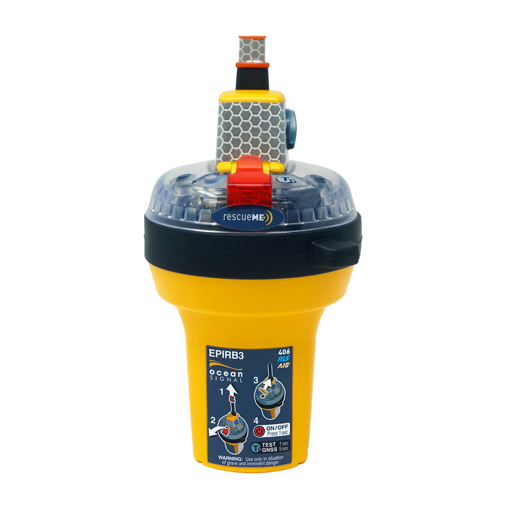 Ocean Signal rescueME EPIRB3 Category 2 marine distress beacon with compact design and emergency signaling features.