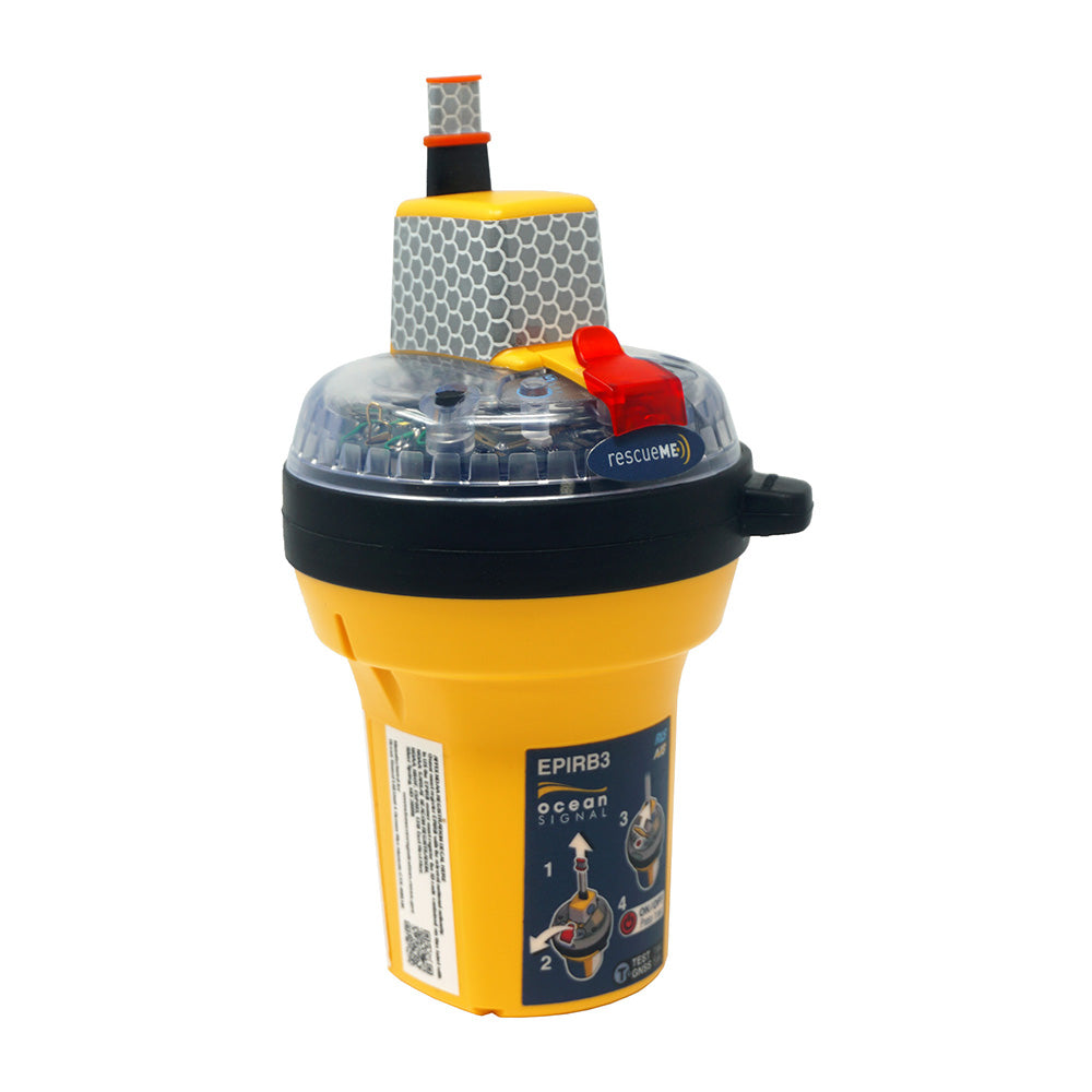 Ocean Signal rescueME EPIRB3 Category 2 emergency distress beacon with orange casing and control panel for maritime safety.