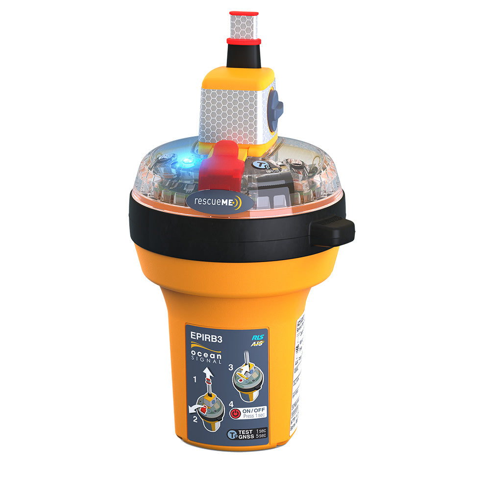 Ocean Signal rescueME EPIRB3 Category 2 emergency beacon with compact design and control panel for maritime safety.