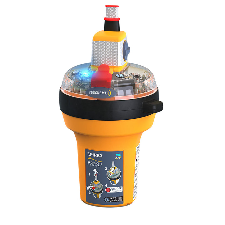Ocean Signal rescueME EPIRB3 Category 2 emergency beacon with compact design and control panel for maritime safety.