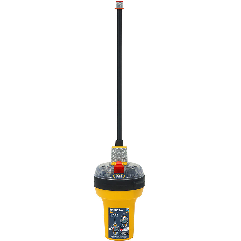 Ocean Signal SafeSea EPIRB3 Pro Category 1 emergency beacon on a boat, showing its compact design and communication features.