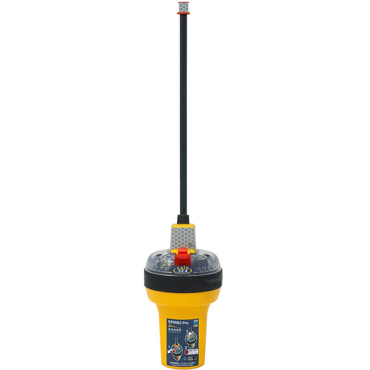 Ocean Signal SafeSea EPIRB3 Pro Category 1 emergency beacon on a boat, showing its compact design and communication features.
