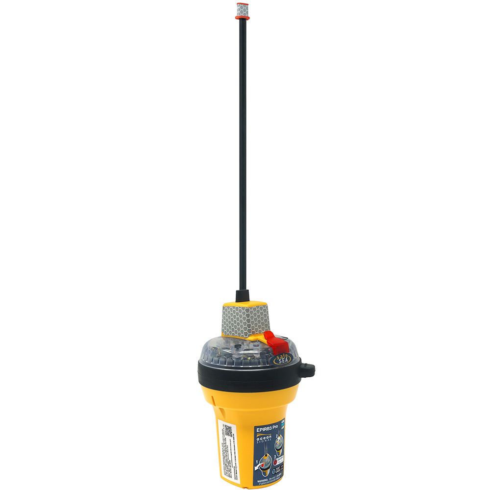 Ocean Signal SafeSea EPIRB3 Pro Category 1 rescue beacon with antenna and control panel for maritime safety and emergency use.