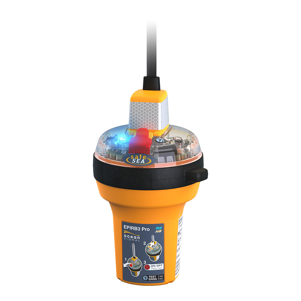 Ocean Signal SafeSea EPIRB3 Pro Category 1 emergency beacon on a boat, compact marine distress signal device from Ocean Signal.