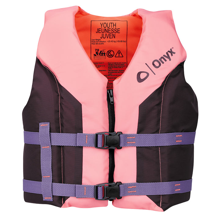 Pink Onyx Shoal All Adventure youth life jacket, personal flotation device with bright pink color designed for safety and comfort.