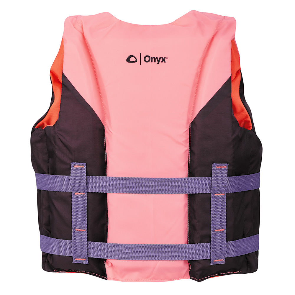 Pink Onyx Shoal All Adventure youth life jacket, a personal flotation device designed for safety and comfort.