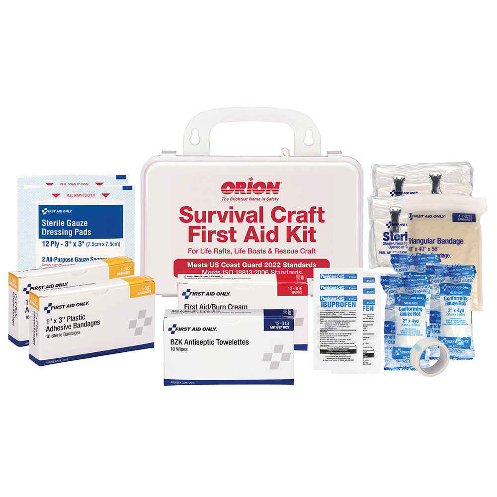 Orion Survival Craft First Aid Kit in hard plastic case, medical kit with bandages, antiseptic wipes, and first aid supplies.