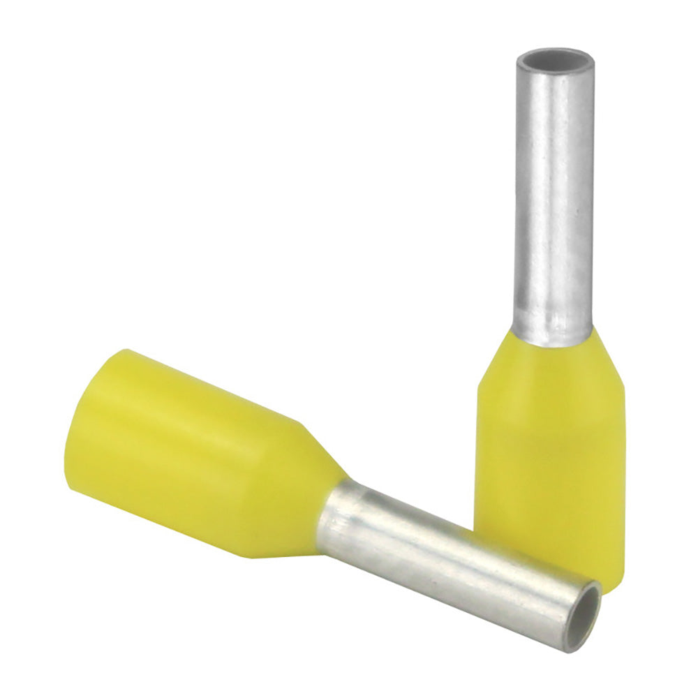 Yellow Pacer 18 AWG wire ferrules, 6mm length, in a 25-pack, designed for electrical accessories and secure connections.