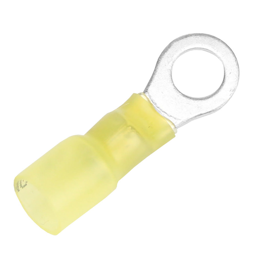Pacer 12-10 AWG heat shrink ring terminal with 1/4" stud size, shown in a 100-pack, for secure electrical connections.