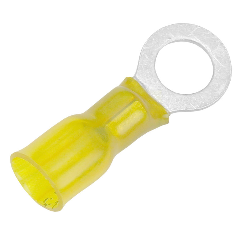 Pacer 12-10 AWG heat shrink ring terminal with 5/16" stud size, shown in a 100-pack, used for secure electrical connections.