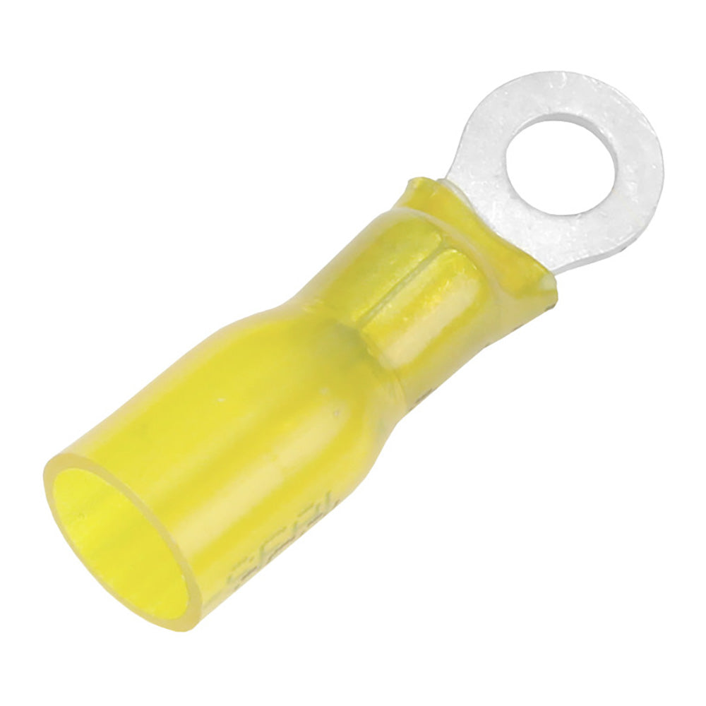 Pacer heat shrink ring terminal with #8 stud size for 12-10 AWG wires, shown in a 25-pack bundle, ideal for electrical connections.