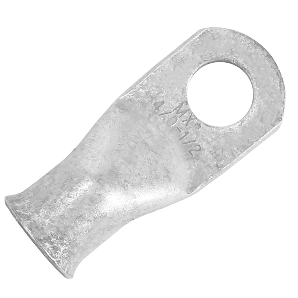 Pacer Tinned Lug 4/0 AWG terminal with 1/2" stud size, shown in a pack of 10, used for electrical wiring connections.