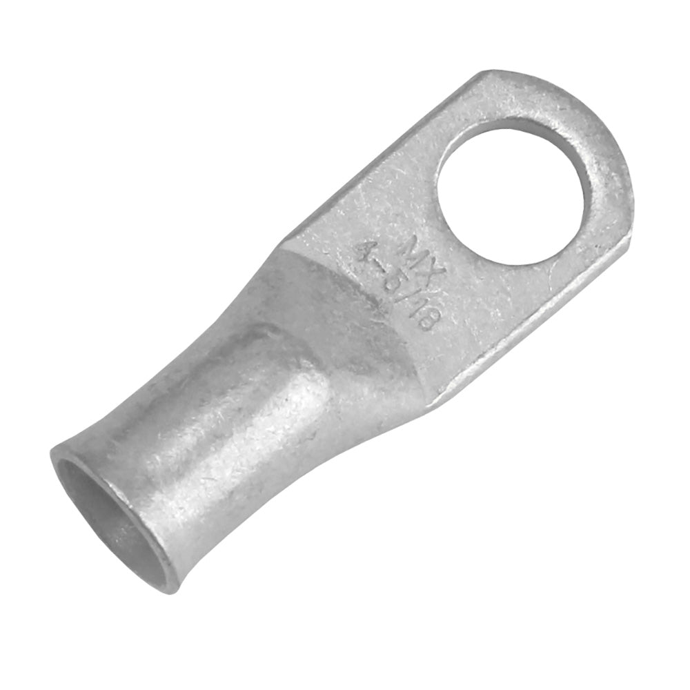 Pacer Tinned Lug 4 AWG terminal with 5/16" stud size, part of a 10-pack, featuring shiny tinned copper for reliable electrical connections.