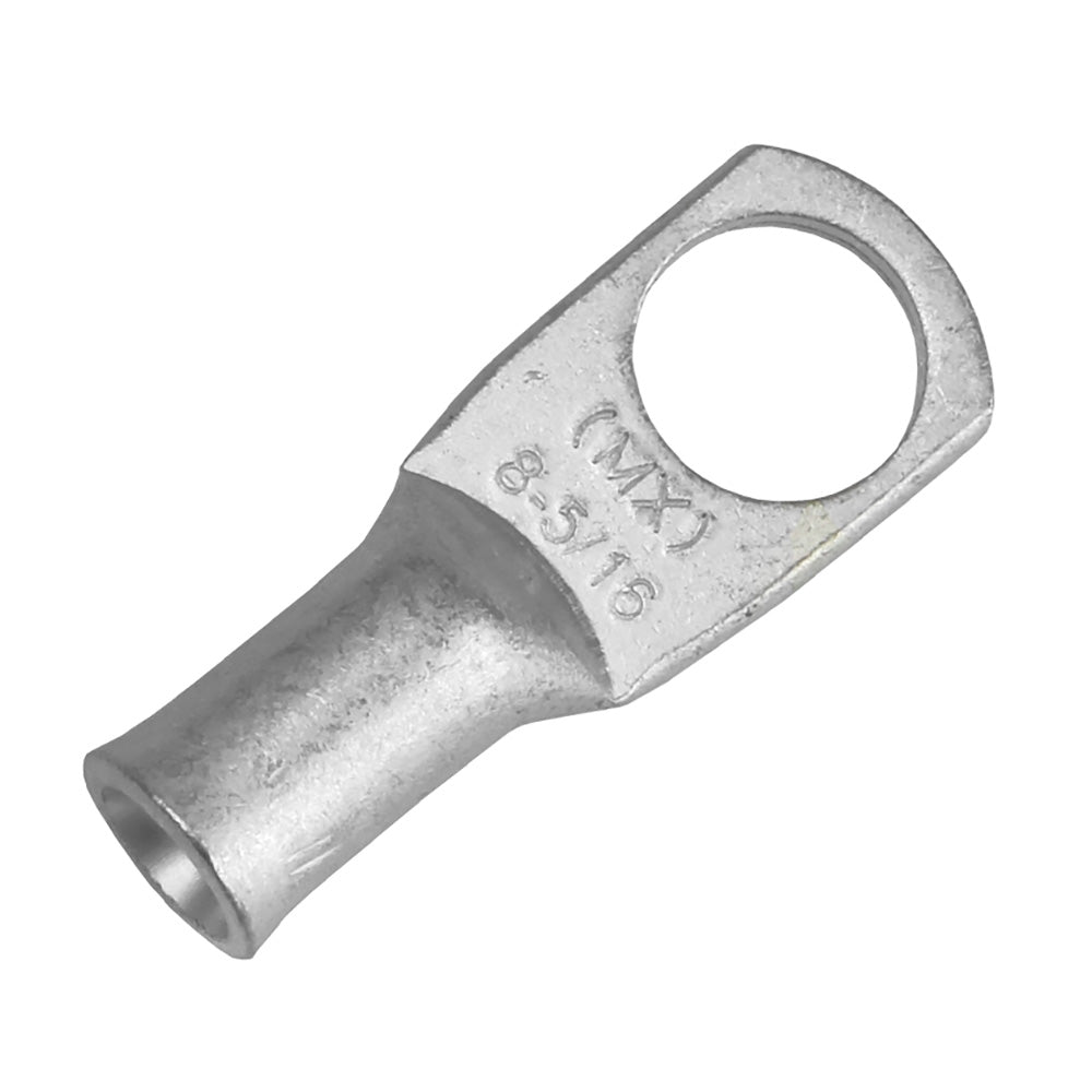 Pacer Tinned Lug 8 AWG terminal with 5/16" stud size, shown in a pack of 10 for electrical wiring and connector applications.