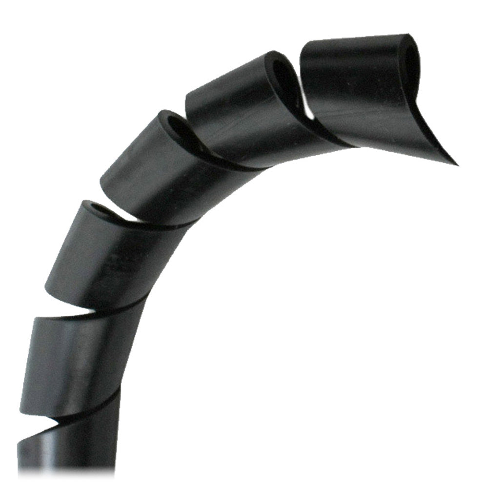 Black Pacer 1-inch spiral wrap for wire management, 100-foot roll, flexible and durable cable protection solution.