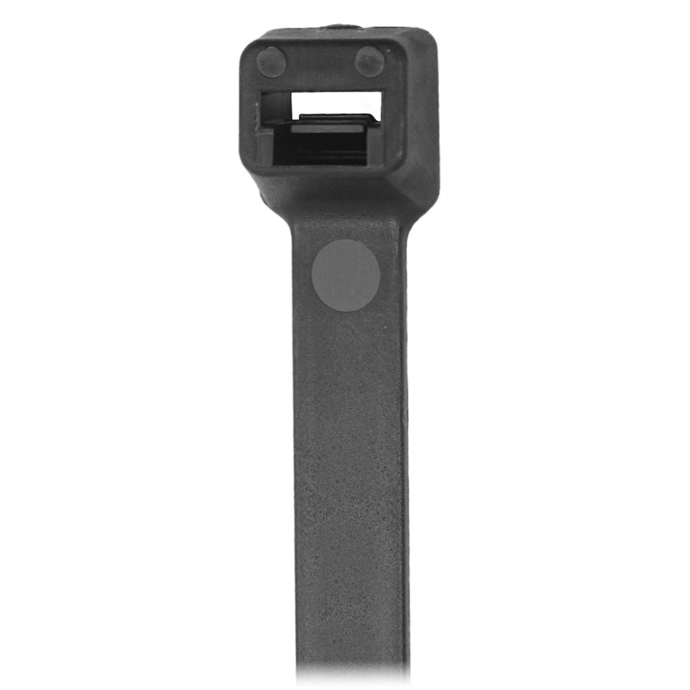 Black Pacer 4-inch cable tie with 18lb tensile strength, shown in a bundle, ideal for wire management, 100-piece pack.