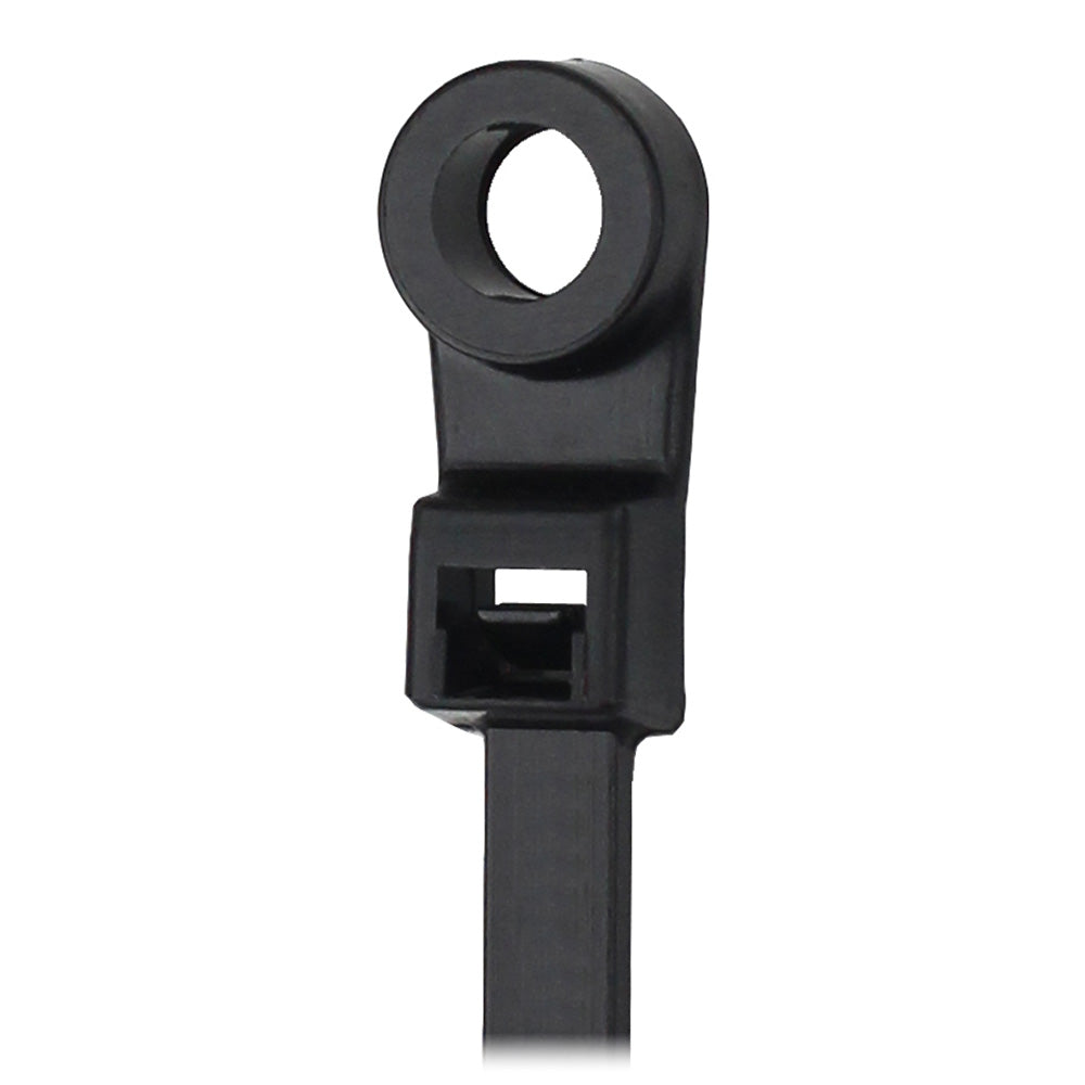 Black Pacer 8-inch cable tie with mounting ring, 50lb tensile strength, for wire management, shown in a bundle with multiple ties.