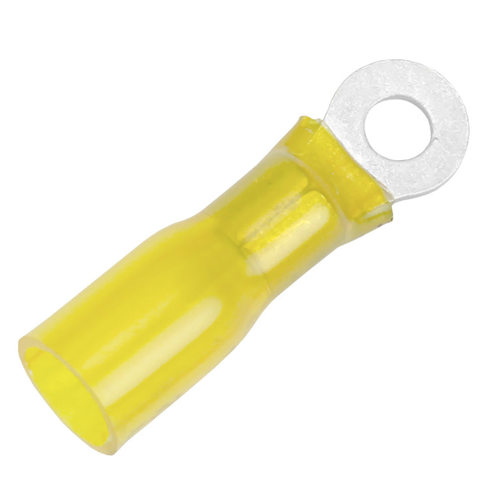 Pacer 12-10 AWG heat shrink ring terminal with #10 stud size, shown in a 100-pack for electrical wiring and terminal connections.