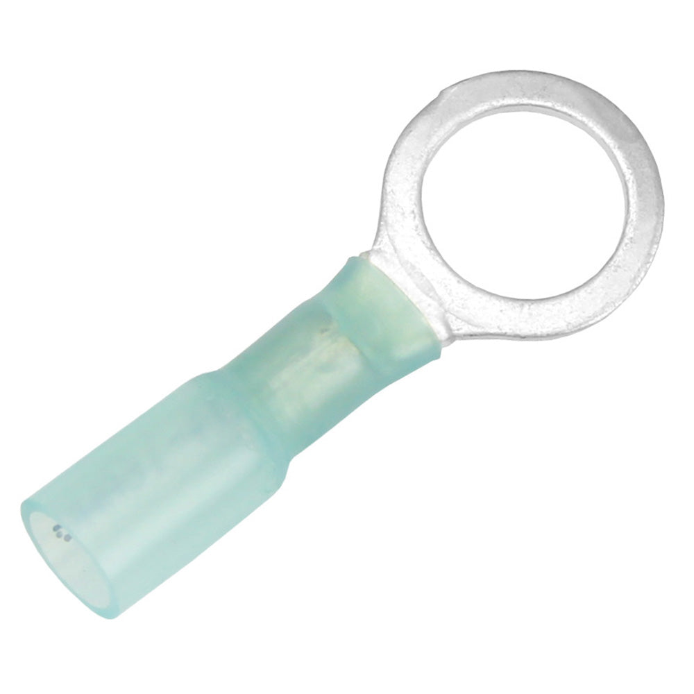 Pacer 16-14 AWG heat shrink ring terminals with 3/8-inch stud size, shown in a pack of 100 for electrical wiring and connections.