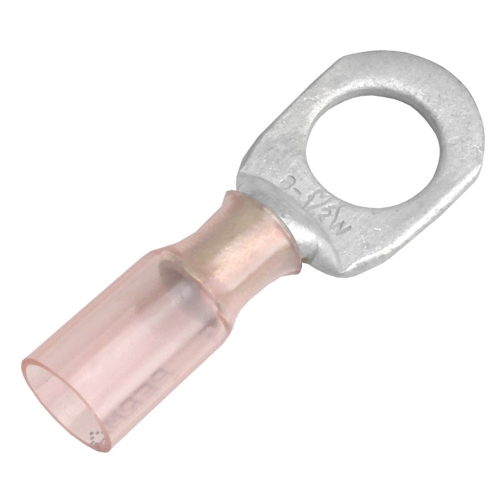 Pacer 8 AWG heat shrink ring terminal with 1/2 inch stud size, shown in a 25-pack, used for electrical wiring connections.