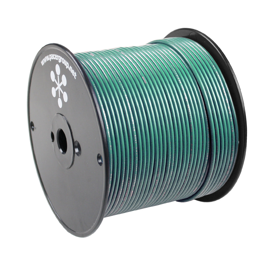 Pacer Green 18 AWG primary wire, 500 feet roll, flexible copper electrical wire for automotive or electrical projects.