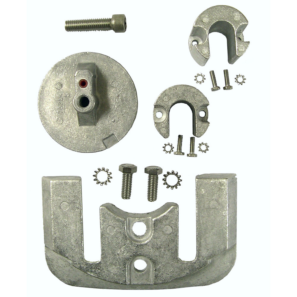 Performance Metals Mercruiser Bravo 2/3 complete aluminum anode kit with corrosion-resistant anodes for marine propulsion systems.