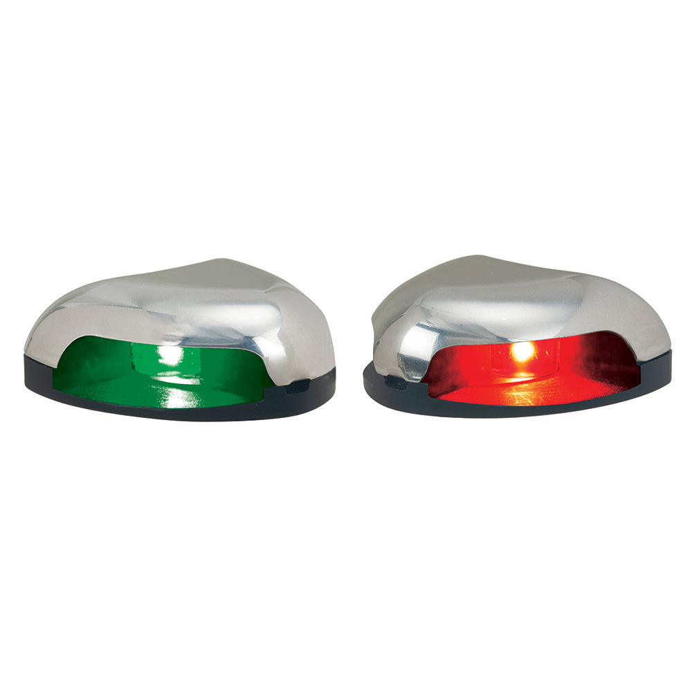 Pair of Perko red and green horizontal mount stainless steel navigation lights for boats, side mount, marine lighting.
