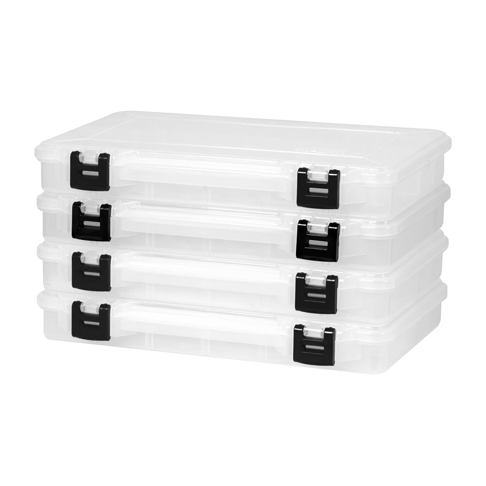 Four Plano 3700 StowAway tackle storage containers for fishing gear organized in a tackle box.