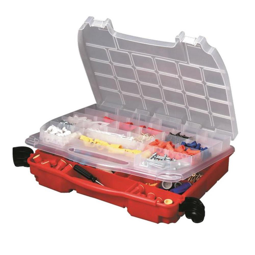Plano Double-Cover Lockjaw Organizer for tackle storage, featuring secure locking lids and multiple compartments for fishing gear.
