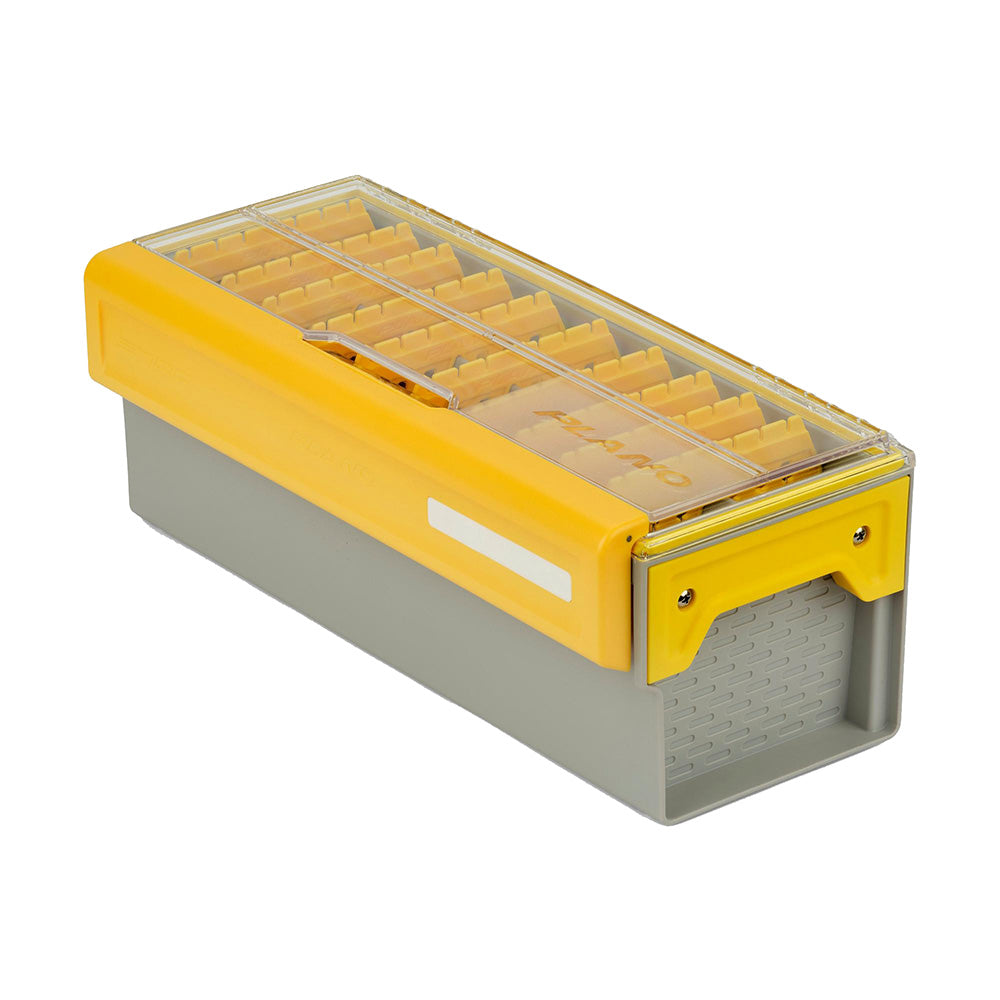 Plano EDGE Short Hang Box for tackle storage, showing a durable plastic tackle box with multiple compartments for organized fishing gear.
