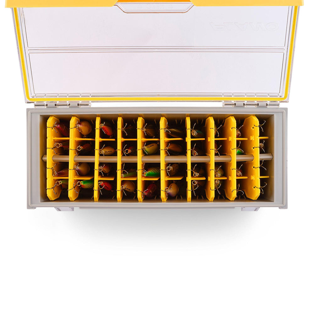 Plano EDGE Short Hang Box for tackle storage, featuring durable plastic construction and multiple compartments for organization.