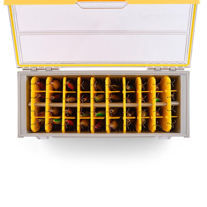 Plano EDGE Short Hang Box for tackle storage, featuring durable plastic construction and multiple compartments for organization.