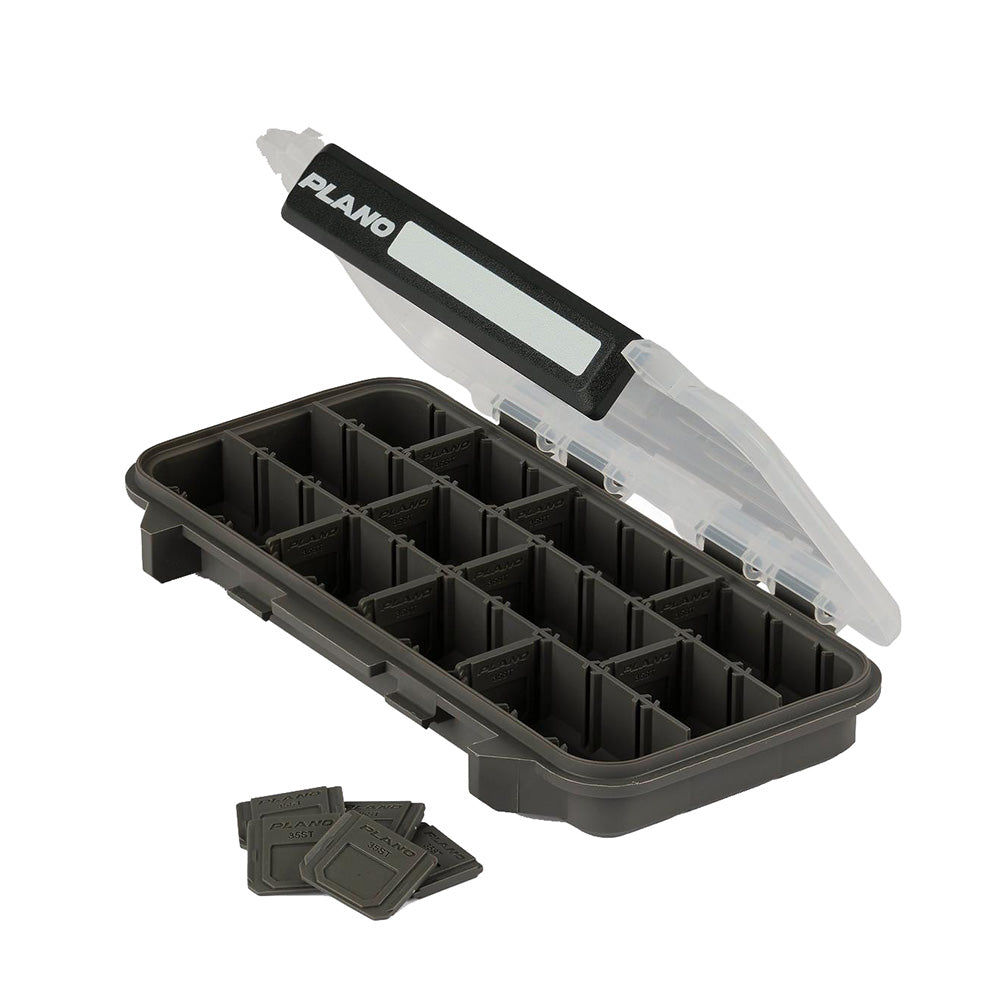 Plano Stowaway 3500 tackle storage case with clear lid and multiple storage compartments for fishing gear organization.