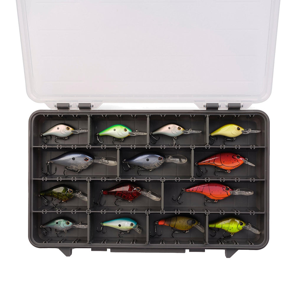 Plano Stowaway 3700 tackle storage box with multiple compartments for fishing gear organization.