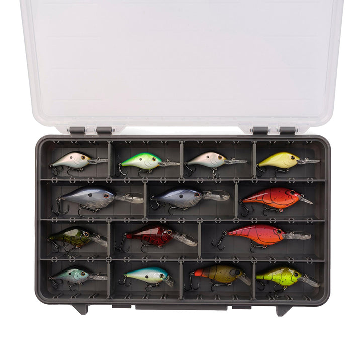 Plano Stowaway 3700 tackle storage box with multiple compartments for fishing gear organization.