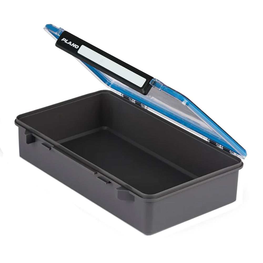 Open Plano StowAway Waterproof 3700 Deep Tackle Storage case with adjustable compartments and secure latch for fishing gear.